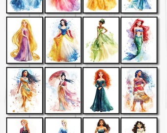 Princess Prints, Set of 16 Prints, Nursery Decor, Fairy Tale, Kids Room, Baby Girl, Wall Art, Wall Decor, Digital Download