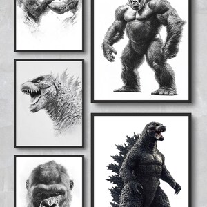 Godzilla-muurafdruk, King Kong-muurafdruk, zwart-wit, monochroom, kinderkamer, speelkamer, wanddecoratie, wandafdruk, digitale download