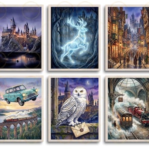 Op de afbeelding: Een set van zes rechthoekige kunstdrukken met fantasievoorstellingen, waaronder een kasteel op een klif, een gloeiend hert in een bos, een drukke straat, een vliegende auto boven een spoorbrug, een witte uil met een brief en een stoomtrein.