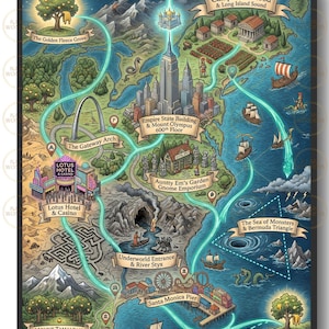 Könnte beinhalten: Eine detaillierte Fantasy-Kartenillustration mit Wahrzeichen wie dem Empire State Building, dem Olymp, Camp Half-Blood, dem Gateway Arch, dem Lotus Hotel & Casino, Auntty Em's Garden Gnome Emporium, dem Unterwelteingang und dem Santa Monica Pier.