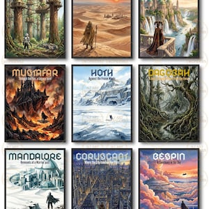 Puede incluir: Un conjunto de nueve láminas artísticas enmarcadas que muestran paisajes ficticios con los textos: Endor, Tatooine, Naboo, Mustafar, Hoth, Dagobah, Mandalore, Coruscant y Bespin. Cada impresión rectangular presenta un entorno distinto, incluyendo bosques, desiertos, ciudades y terrenos helados, todo dentro de marcos negros finos.