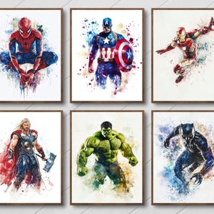 Superhelden kunst aan de muur, meisje, jongen, kind, set van 6, wanddecoratie, aquarel, afdrukbaar, digitale download