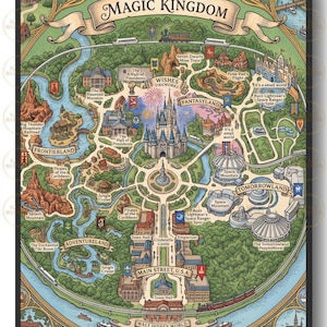 Pode incluir: Um mapa ilustrado detalhado intitulado The Magic Kingdom, apresentando várias áreas temáticas como Fantasyland, Tomorrowland, Adventureland e Frontierland. O mapa inclui marcos como o Castelo da Cinderela, fogos de artifício e a ferrovia.