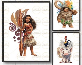 Moana Wall Art, Nursery Decor, Polynesian Princess, Maui, HeiHei, Pua, Watercolor, Playroom, Wall Art, Wall Decor, Digital Download