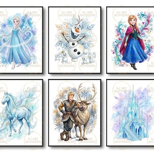 以下が含まれることがあります： アナと雪の女王のキャラクターやシーンを描いた水彩画風のアートプリント6枚セット。エルサ、オラフ、アナ、水の精霊の馬、クリストフとスヴェン、氷の城が描かれており、雪の結晶のモチーフが添えられています。