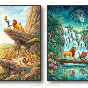 Puede incluir: Dos láminas de arte mural enmarcadas con personajes de leones animados. La lámina izquierda muestra un paisaje de sabana con leones en un acantilado rocoso. La derecha representa una escena de selva con una cascada, un león y un jabalí.