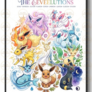 May include: A vertical art print titled THE EEVEE LUTIONS featuring colorful illustrations of nine fictional creatures arranged in a circular pattern. Each character is surrounded by elemental symbols like fire, water, leaves, and stars.