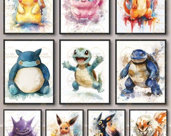 ポケモン ウォール アート、子供部屋の装飾、ゲーム ルームの装飾、保育園の装飾、壁の装飾、水彩画、印刷可能、デジタル ダウンロード