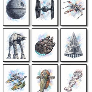 May include: A set of nine framed art prints featuring watercolour illustrations of various science fiction spacecraft and stations, including a Death Star, TIE fighter, X-wing, AT-AT walker, Millennium Falcon, Star Destroyer, Y-wing, Slave I, and a corvette.