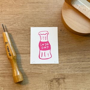 Hand Stamped Soda Pop Bottle Mini Linocut Block Print | 2.5”x3.5” Handmade Print | Funny Art Home Decor | KPop DH Inspired | Tiny Art Prints