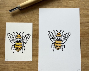 Hand Stamped Bee Mini Linocut Block Print | 2.5”x3.5” Handmade Print | Other Sizes Available | Cute Nature Art Home Decor | Tiny Art Prints