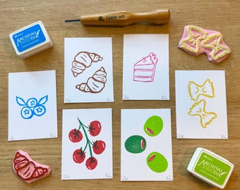 Juego de 6 mini grabados en linóleo estampados a mano con temática de picnic veraniego / Impresión artesanal de 6,35 x 8,9 cm / Decoración artística para el hogar / Pequeñas láminas de arte culinario