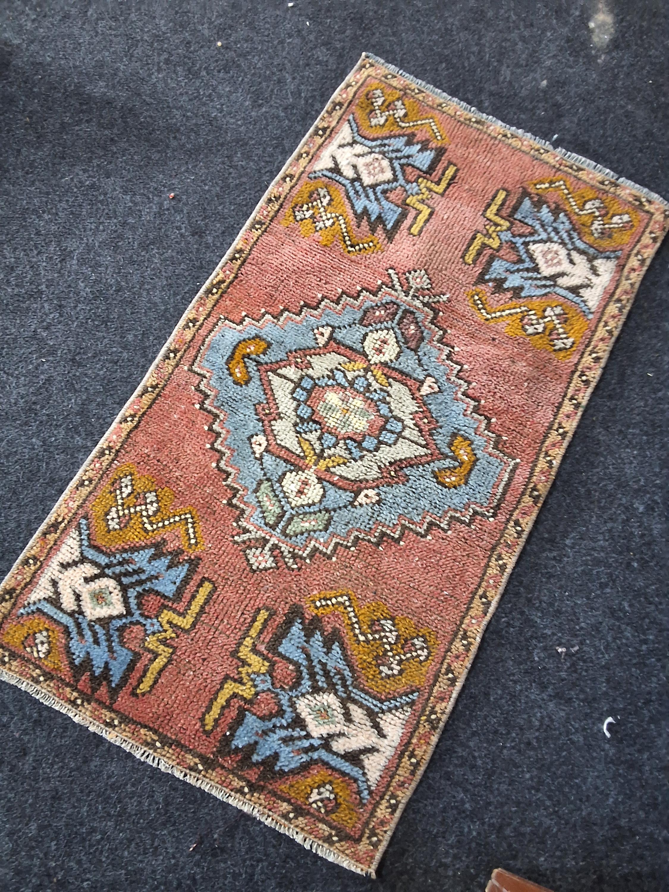 2x3 Vintage Small Turkish Rug, Handwoven Wool Blue Boho Rustic