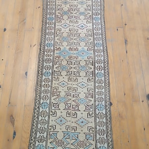 Puede incluir: Una alfombra larga y estrecha con fondo beige y un patrón geométrico en tonos azules, marrones y rosas. El patrón presenta cuadrados, rombos y triángulos repetidos.