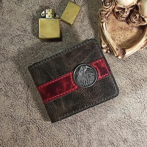 Viking Leather Wallet with Raven Medallion | Handmade Norse Wallet for Men | Nordic Bifold with Red Accent | Odin&#39;s Raven Gift