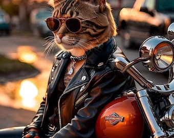 Coole Biker-Katze | Lustige Motorrad-Wandkunst | Digitaler Download für Katzenliebhaber