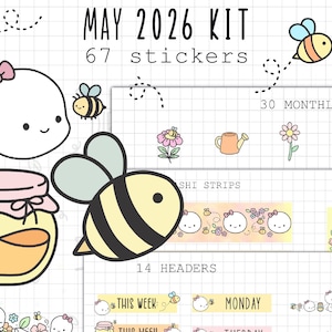 Pode incluir: Um kit de autocolantes para maio de 2026 com tema de abelhas. Inclui 67 autocolantes com ilustrações de abelhas, potes de mel, flores e outros elementos decorativos. O texto inclui "MAY 2026 KIT" e "67 stickers".