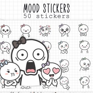 Könnte beinhalten: Ein Bogen mit Stimmungsaufklebern mit verschiedenen Gesichtsausdrücken. Die Aufkleber zeigen Zeichentrickfiguren mit unterschiedlichen Emotionen, darunter Überraschung, Liebe und Verwirrung. Der Text "MOOD STICKERS 50 stickers" steht oben.
