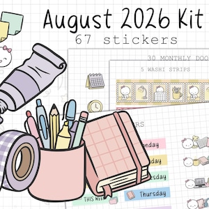 May include: A digital sticker kit titled August 2026 Kit 67 stickers featuring illustrations of a purple paint tube, a roll of purple gingham washi tape, a pink pencil cup with pens, and a pink notebook. Includes sheets with doodle headers.