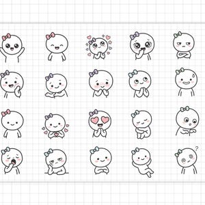 May include: A collection of 20 cartoon illustrations, each showing a different emotion. The characters are simple, with round white bodies, small arms, and a bow on their heads. Emotions include happiness, love, and confusion.