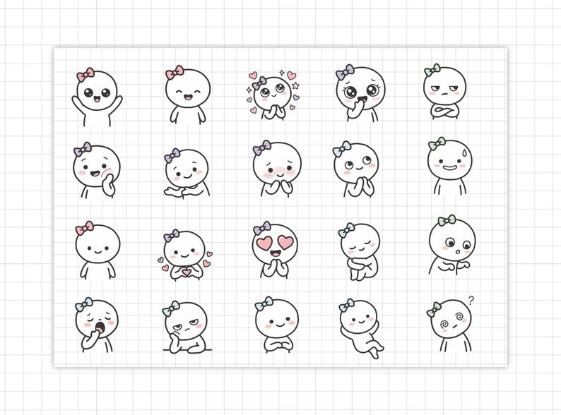 May include: A collection of 20 cartoon illustrations, each showing a different emotion. The characters are simple, with round white bodies, small arms, and a bow on their heads. Emotions include happiness, love, and confusion.