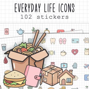 Puede incluir: Una hoja de 102 pegatinas con iconos de la vida cotidiana. Las pegatinas incluyen una caja de fideos para llevar, un sándwich, un cuaderno rosa y una casa. Otros iconos incluyen un pasaporte, una taza de té y un ordenador portátil.