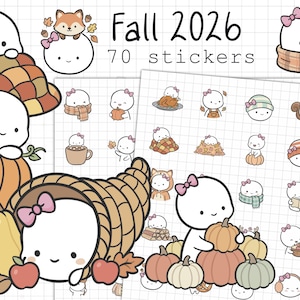 May include: A collection of 70 stickers titled Fall 2026 featuring cartoon characters with pink bows. The stickers display various autumn themes including pumpkins, cornucopias, scarves, hats, apples, and leaves in shades of orange, brown, and green.