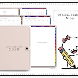 以下が含まれることがあります： 「Digital Planner Beige」と「DIBUHO CREATIONS 2026」の文字が入ったベージュ色のデジタルプランナー。年間と月間のカレンダーページが含まれています。鉛筆とリボンを持った漫画のキャラクターが右側にいます。