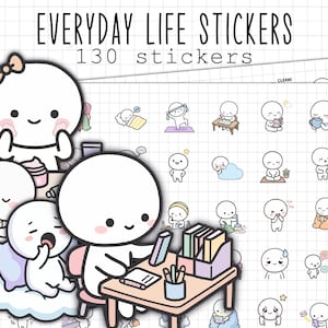 Puede incluir: Hojas de pegatinas con el texto "EVERYDAY LIFE STICKERS" y "130 stickers". Las pegatinas presentan figuras de dibujos animados en diversas actividades, como yoga, beber café y trabajar en un escritorio. El fondo es una cuadrícula.