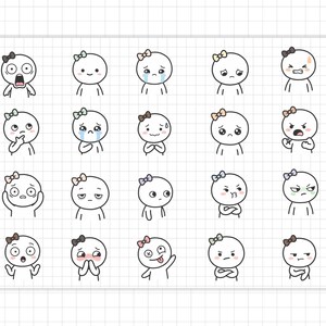 May include: A collection of cartoon characters displaying different emotions. Each character is a simple circle with a bow and stick-figure limbs. The expressions range from joy to anger, with other emotions in between. The background is a white grid.
