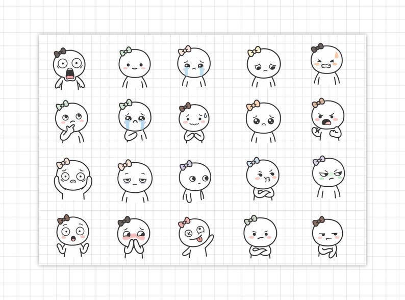 May include: A collection of cartoon characters displaying different emotions. Each character is a simple circle with a bow and stick-figure limbs. The expressions range from joy to anger, with other emotions in between. The background is a white grid.