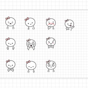 May include: A series of cartoon character illustrations displaying different emotions. Each character is a simple, round figure with a pink bow and stick-figure limbs, expressing feelings such as sadness, happiness, and surprise. The drawings are on squared paper.