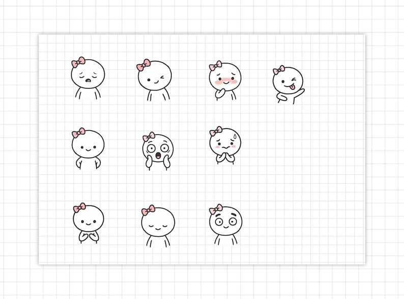 May include: A series of cartoon character illustrations displaying different emotions. Each character is a simple, round figure with a pink bow and stick-figure limbs, expressing feelings such as sadness, happiness, and surprise. The drawings are on squared paper.