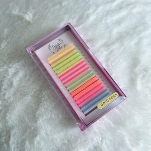 Könnte beinhalten: Ein rosa Plastik-Etui mit einem Regenbogen-Sortiment an farbigen Wimpernextensions. Das Etui trägt den Text "Perfection Lash Studio" und "0.07D-14mm".