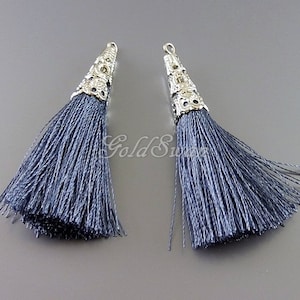 2 dark cool gray / bluish gray color cotton tassel pendants, long tassels with filigree bail charms, bohemian chic 1553R-CGR