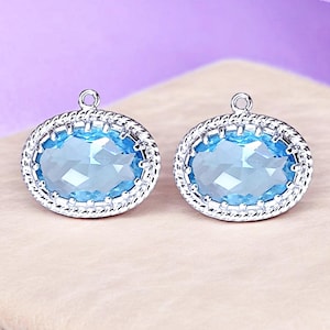 Aqua Blue Glass Stone Pendant: Rhodium Silver Jewelry Charms (2 pc)