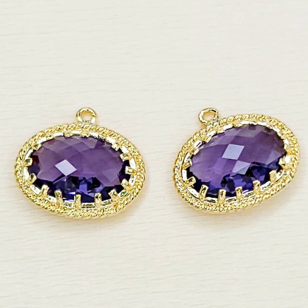 2 amethyst purple Victorian style crystal glass stone charms, glass pendants, unique findings 5094G-AM