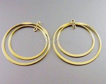 2 pcs shiny gold double rings gems / charm connectors, gold hoop dangle links 912-BG