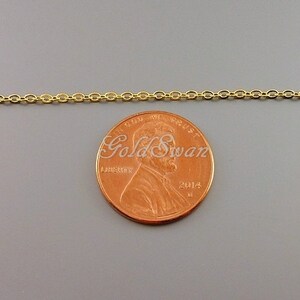 May include: A gold chain necklace next to a US penny for size comparison. The chain is made of small, oval-shaped links.
