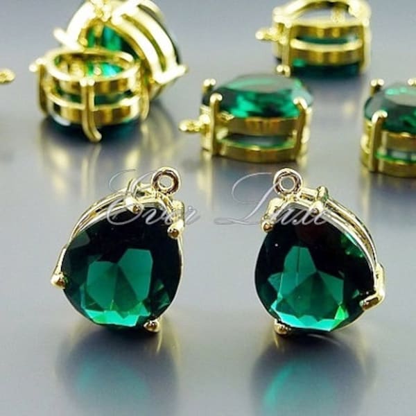 2 emerald green faceted teardrop glass charms in brass setting, wedding / bridal jewelry P5067G-EM