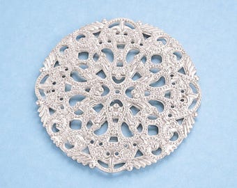 45mm Round Filigree Pendant Matte Rhodium Gold Filigree Brass Jewelry Making Supplies Ornate Charm