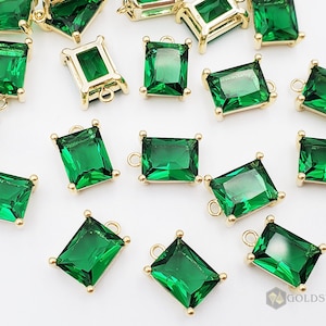 2 holiday emerald green small rectangle shaped glass crystals, charms, necklace stone pendants P5164G-EM