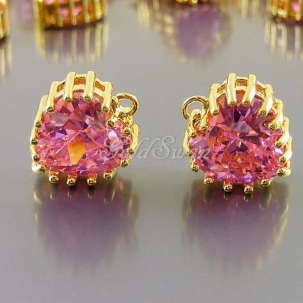 2 pretty pink zircon cz crystal heart charms, heart shaped cubic zirconia stone pendants, pink CZ jewelry 2108G-PK-10