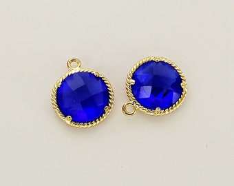 2pcs Cobalt Blue with  crystal round glass with 16K Gold plated rope rim pendants, colorful stone charms, jewelry making supplies 5128G-CO