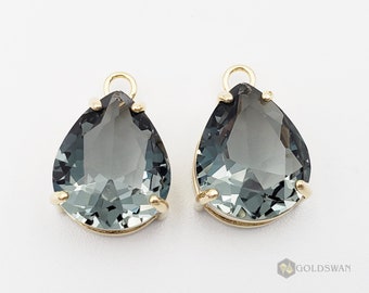 2 charcoal gray teardrop shape glass in gold setting, gray & gold charm / pendant P5067G-GR