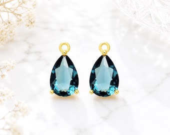 10x7mm Slate Blue Teardrop Glass Pendant or Connector Gold or Silver Frame Charm Jewelry Supplies DIY