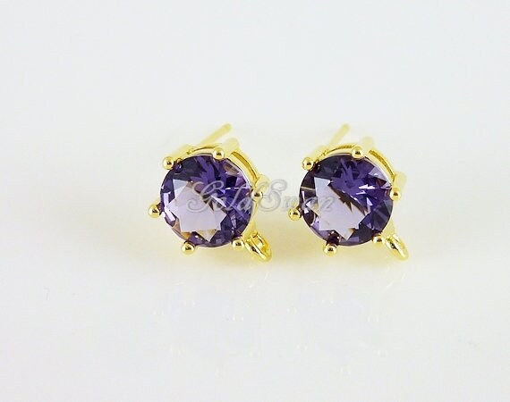 Attractive Purple Amethyst Stud Earrings – Brass Gold Plated, Bezel Setting, 8mm Gemstone