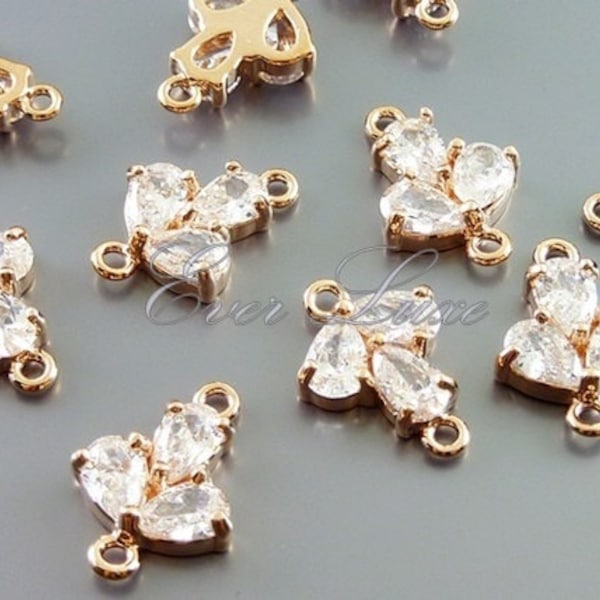 2 rose gold sprout leaf cubic zirconia cz zircon connectors, bridal / wedding jewelry, craft supplies C2150-BRG