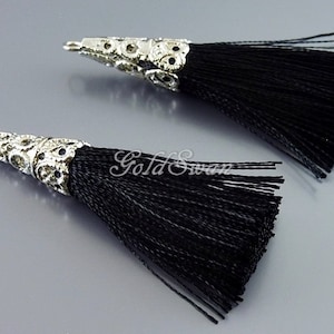 2 black tassel with silver cap, tassel with loop, fancy tassel pendant, tassel jewelry pendant 1553R-BL (black)