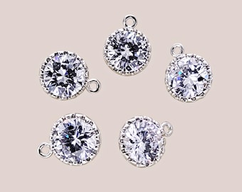 2 round 10mm clear cz cubic zirconia charms, jewelry / jewellery making, unique craft supplies 1823R-CL-10 (bright silver, 10mm, 2 pieces)